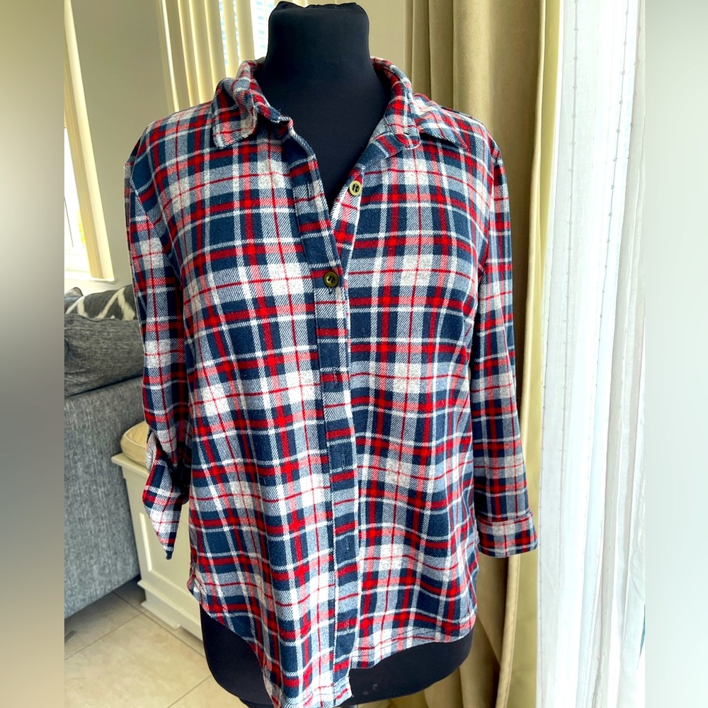 Oona & Maud button-down plaid Flannel shirt Rolltab sleeves size M